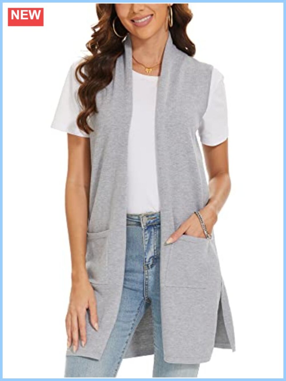 Long Knit Vest Sleeveless Cardigan with Pockets Lightweight Rayon Polyester